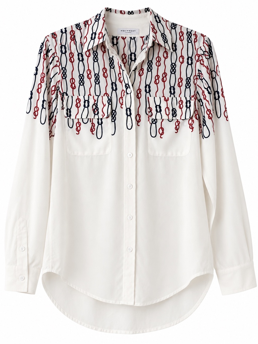 Equipment Femme 100% Silk Nautical Knot Print Button Down Blouse White Navy Red